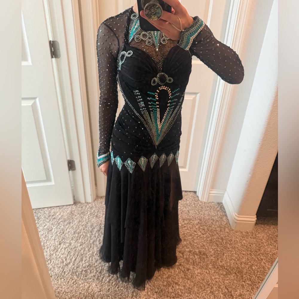 Black and Teal Long Sleeve smooth or standard ballroom gown